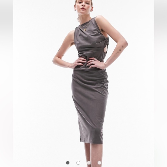 Topshop Gray Asymmetrical cutout ruched midi Dress size M - Picture 1 of 15
